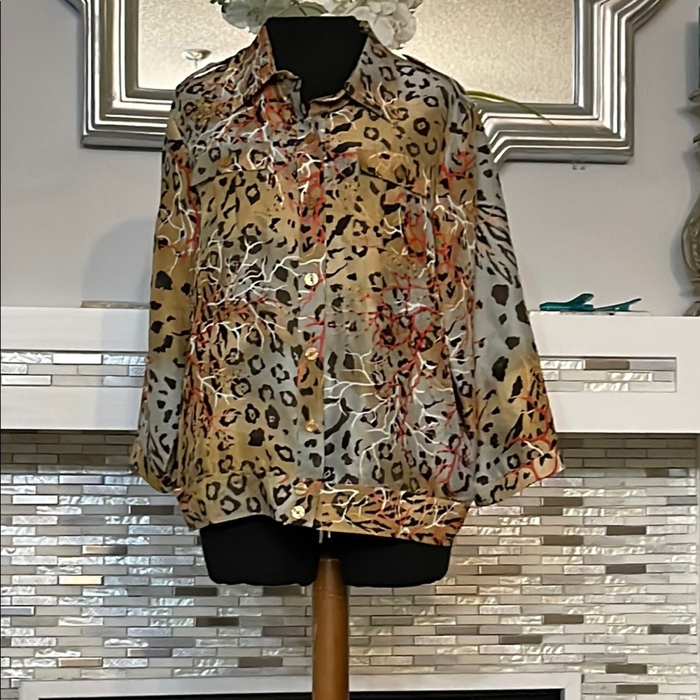 Vintage Patchington Leopard Print 100% beaded silk Button-Up Shirt size LP